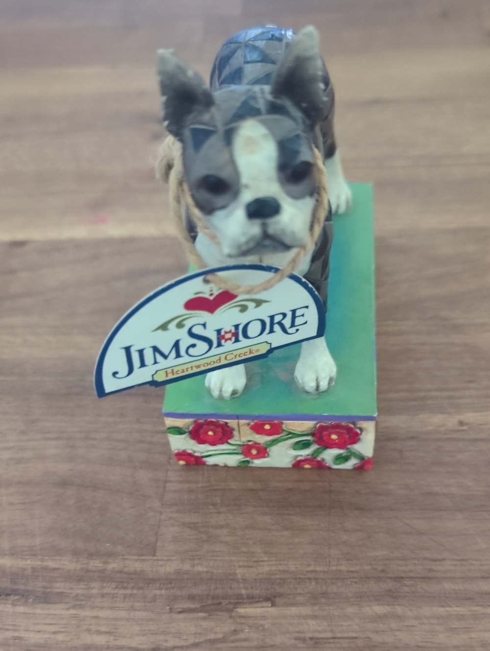 Jim Shore Black, White & Red Boston Terrier Figurine with Floral Base - Picture 2 of 5